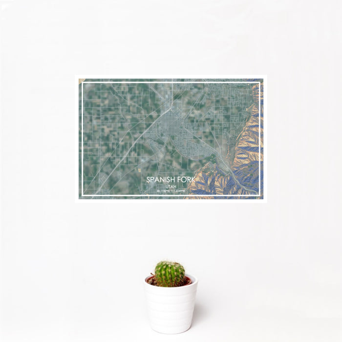 12x18 Spanish Fork Utah Map Print Landscape Orientation in Afternoon Style With Small Cactus Plant in White Planter