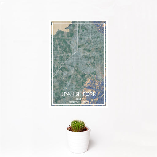 12x18 Spanish Fork Utah Map Print Portrait Orientation in Afternoon Style With Small Cactus Plant in White Planter