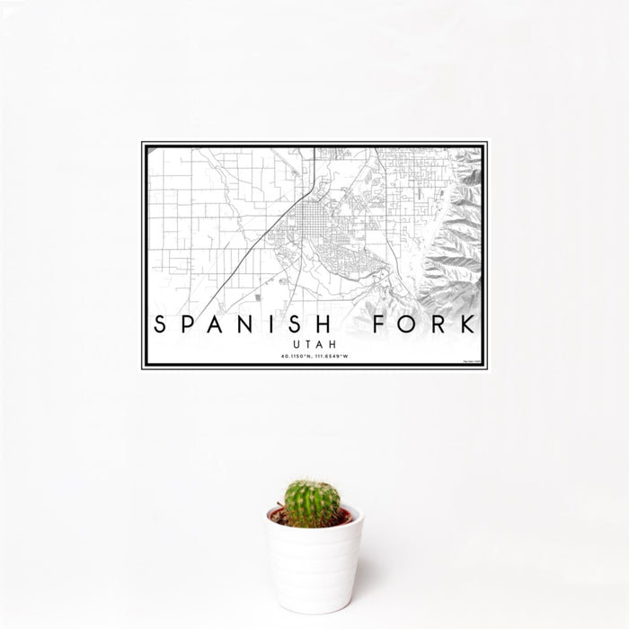 12x18 Spanish Fork Utah Map Print Landscape Orientation in Classic Style With Small Cactus Plant in White Planter
