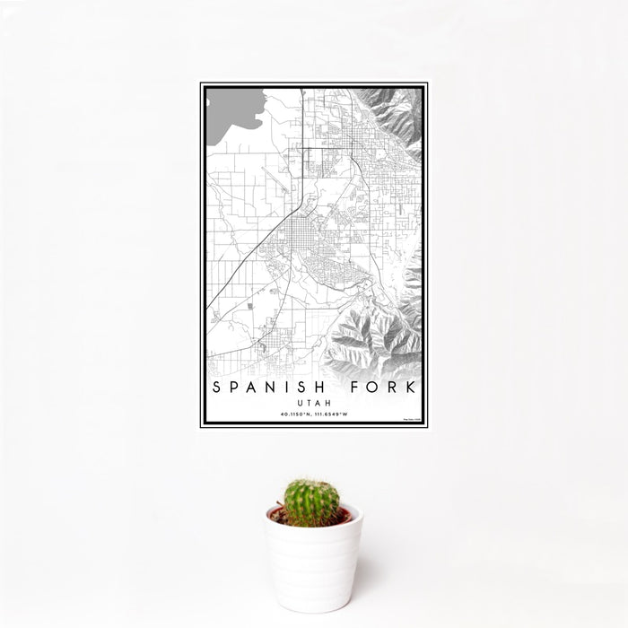 12x18 Spanish Fork Utah Map Print Portrait Orientation in Classic Style With Small Cactus Plant in White Planter