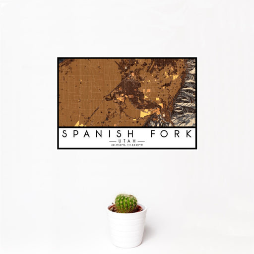 12x18 Spanish Fork Utah Map Print Landscape Orientation in Ember Style With Small Cactus Plant in White Planter