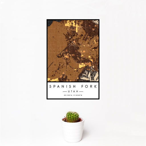12x18 Spanish Fork Utah Map Print Portrait Orientation in Ember Style With Small Cactus Plant in White Planter