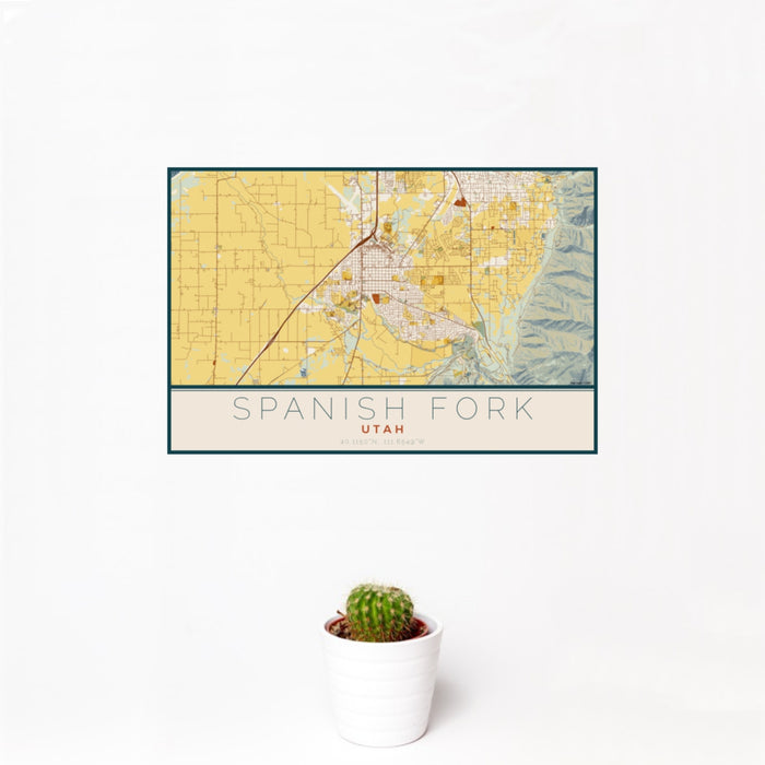 12x18 Spanish Fork Utah Map Print Landscape Orientation in Woodblock Style With Small Cactus Plant in White Planter