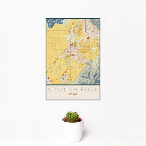 12x18 Spanish Fork Utah Map Print Portrait Orientation in Woodblock Style With Small Cactus Plant in White Planter