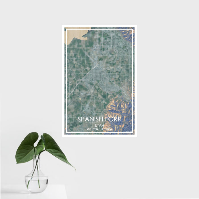 16x24 Spanish Fork Utah Map Print Portrait Orientation in Afternoon Style With Tropical Plant Leaves in Water