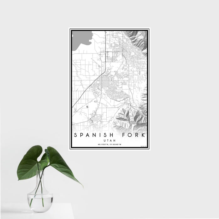 16x24 Spanish Fork Utah Map Print Portrait Orientation in Classic Style With Tropical Plant Leaves in Water