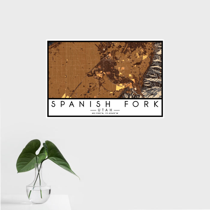 16x24 Spanish Fork Utah Map Print Landscape Orientation in Ember Style With Tropical Plant Leaves in Water