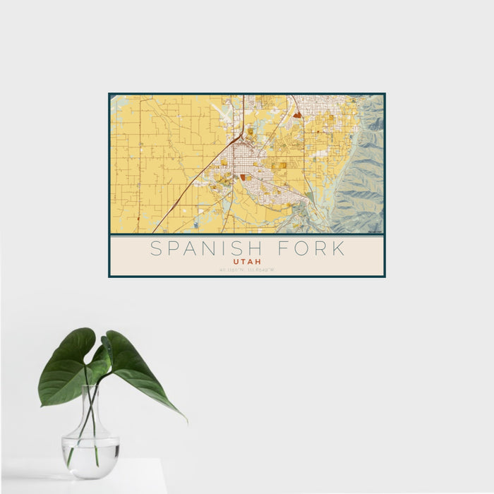 16x24 Spanish Fork Utah Map Print Landscape Orientation in Woodblock Style With Tropical Plant Leaves in Water