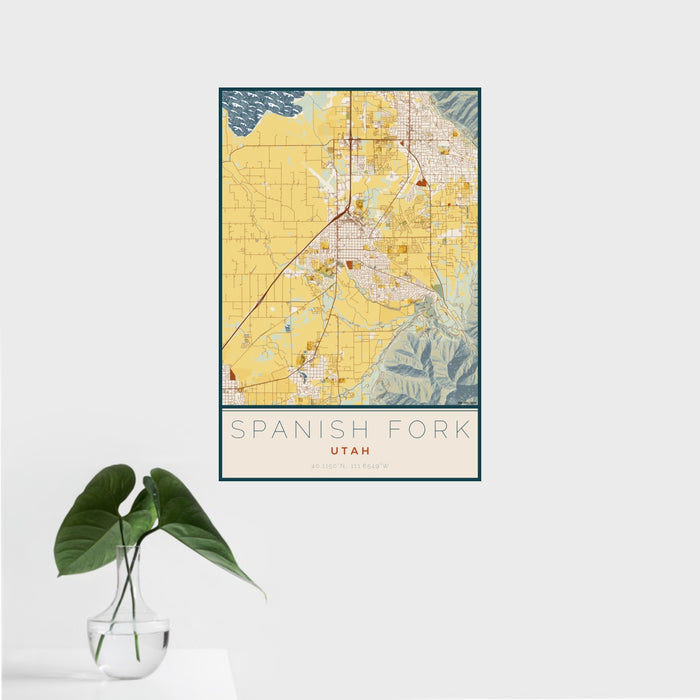16x24 Spanish Fork Utah Map Print Portrait Orientation in Woodblock Style With Tropical Plant Leaves in Water