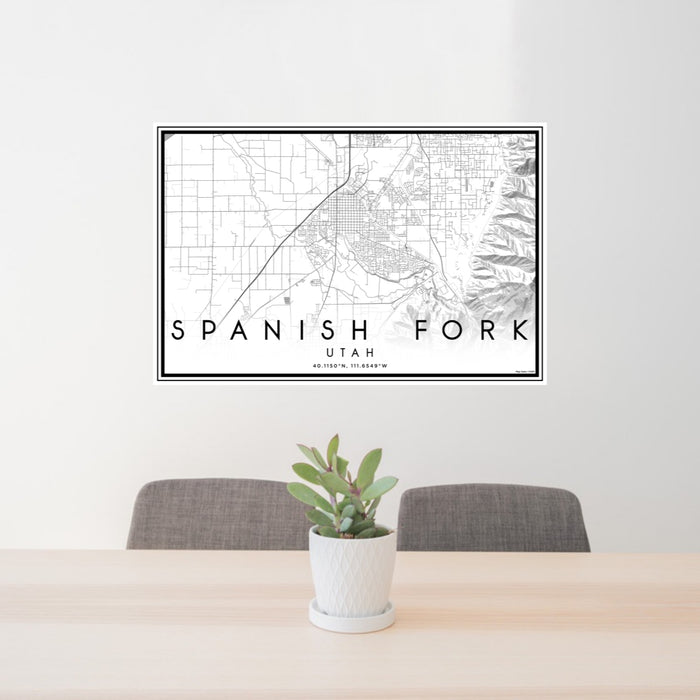24x36 Spanish Fork Utah Map Print Lanscape Orientation in Classic Style Behind 2 Chairs Table and Potted Plant