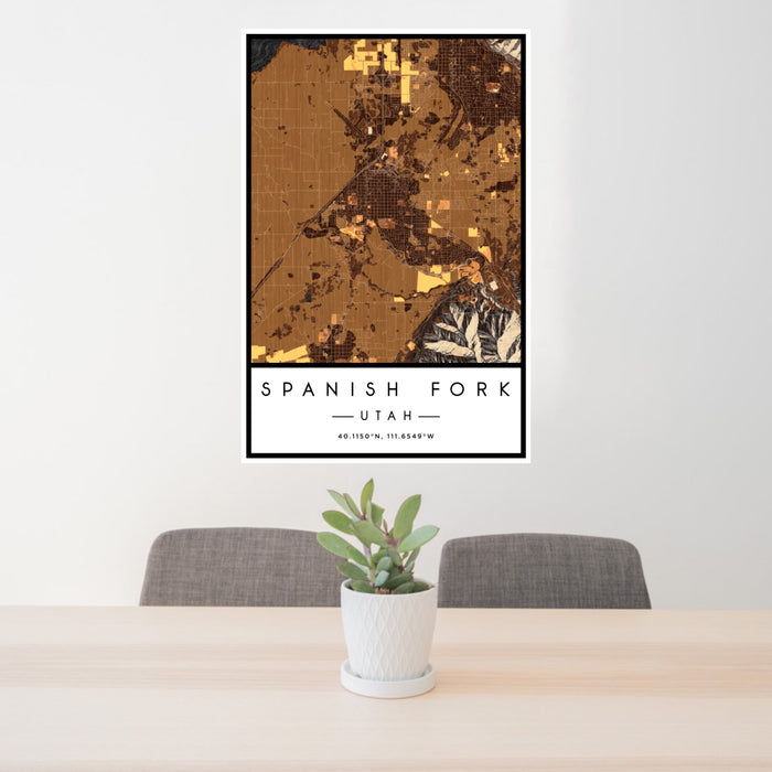 24x36 Spanish Fork Utah Map Print Portrait Orientation in Ember Style Behind 2 Chairs Table and Potted Plant