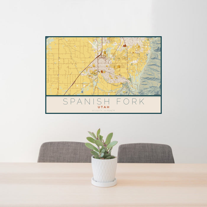 24x36 Spanish Fork Utah Map Print Lanscape Orientation in Woodblock Style Behind 2 Chairs Table and Potted Plant