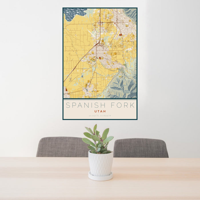 24x36 Spanish Fork Utah Map Print Portrait Orientation in Woodblock Style Behind 2 Chairs Table and Potted Plant