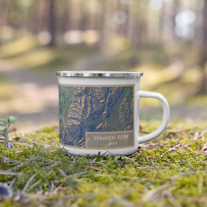 Right View Custom Spanish Fork Utah Map Enamel Mug in Afternoon on Grass With Trees in Background