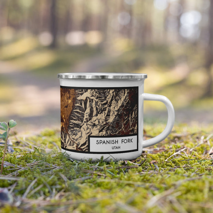 Right View Custom Spanish Fork Utah Map Enamel Mug in Ember on Grass With Trees in Background