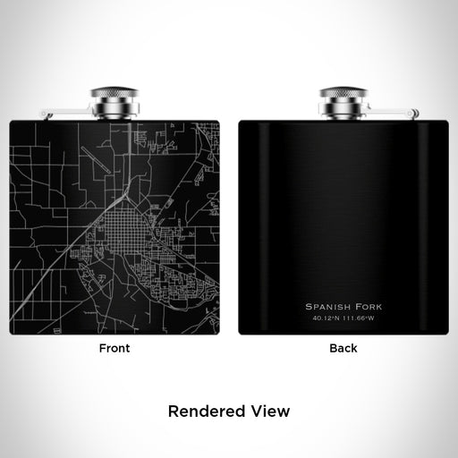 Rendered View of Spanish Fork Utah Map Engraving on 6oz Stainless Steel Flask in Black