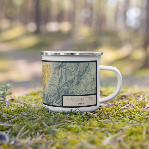 Right View Custom Spanish Fork Utah Map Enamel Mug in Woodblock on Grass With Trees in Background