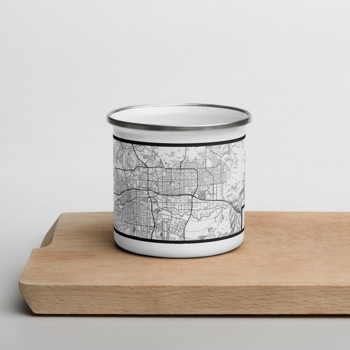 Front View Custom Sparks Nevada Map Enamel Mug in Classic on Cutting Board