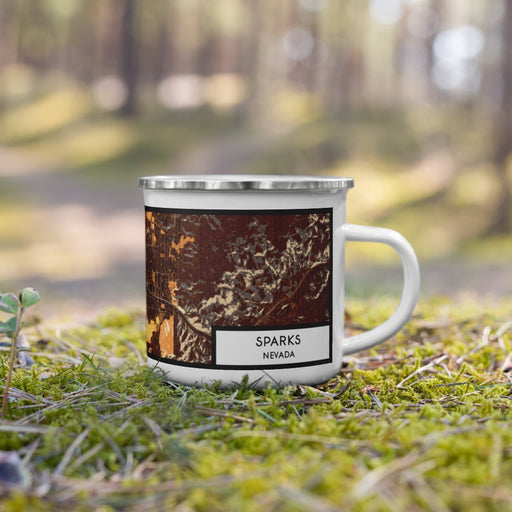 Right View Custom Sparks Nevada Map Enamel Mug in Ember on Grass With Trees in Background