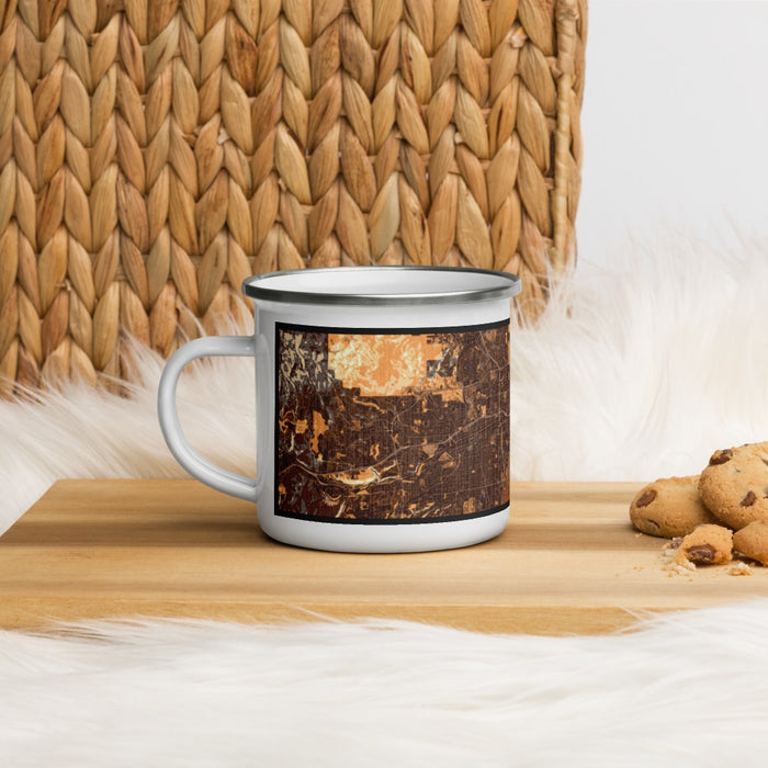 Left View Custom Sparks Nevada Map Enamel Mug in Ember on Table Top