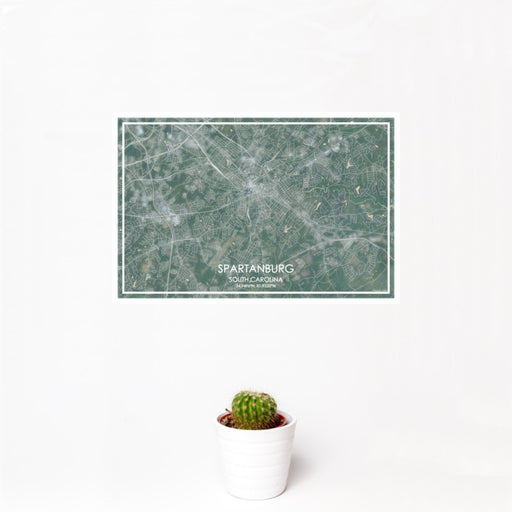 12x18 Spartanburg South Carolina Map Print Landscape Orientation in Afternoon Style With Small Cactus Plant in White Planter