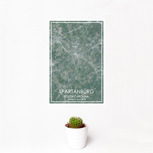 12x18 Spartanburg South Carolina Map Print Portrait Orientation in Afternoon Style With Small Cactus Plant in White Planter