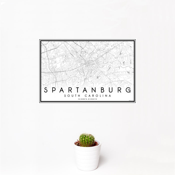 12x18 Spartanburg South Carolina Map Print Landscape Orientation in Classic Style With Small Cactus Plant in White Planter