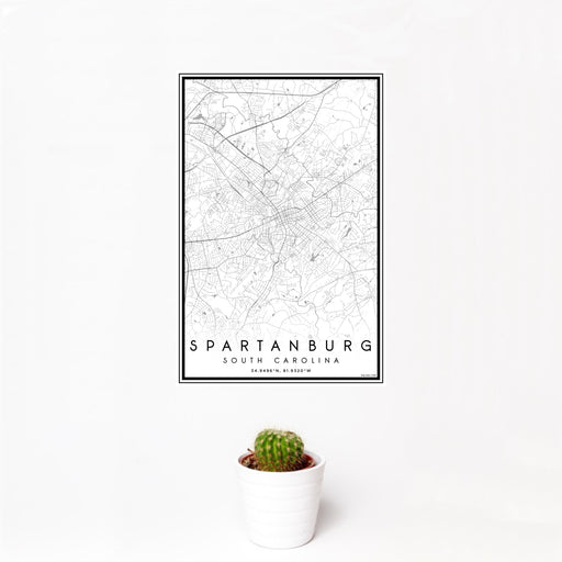 12x18 Spartanburg South Carolina Map Print Portrait Orientation in Classic Style With Small Cactus Plant in White Planter