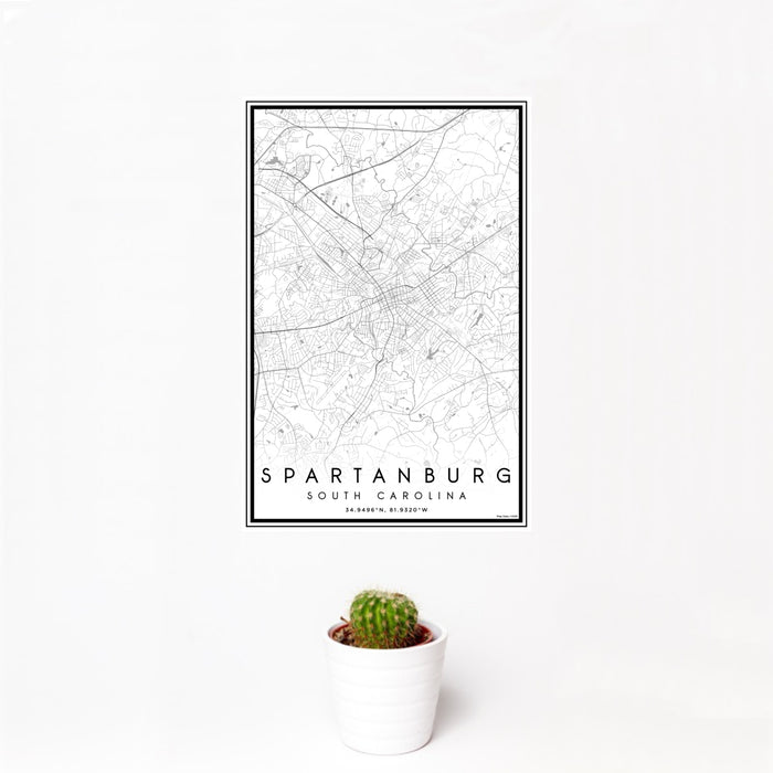 12x18 Spartanburg South Carolina Map Print Portrait Orientation in Classic Style With Small Cactus Plant in White Planter