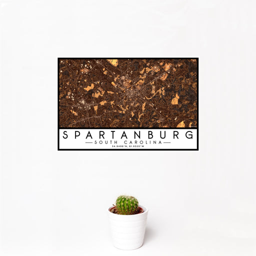 12x18 Spartanburg South Carolina Map Print Landscape Orientation in Ember Style With Small Cactus Plant in White Planter