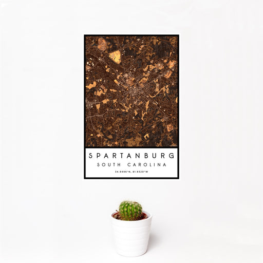 12x18 Spartanburg South Carolina Map Print Portrait Orientation in Ember Style With Small Cactus Plant in White Planter