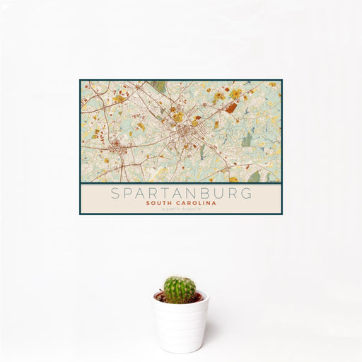 12x18 Spartanburg South Carolina Map Print Landscape Orientation in Woodblock Style With Small Cactus Plant in White Planter
