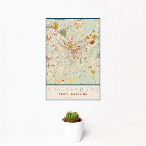 12x18 Spartanburg South Carolina Map Print Portrait Orientation in Woodblock Style With Small Cactus Plant in White Planter