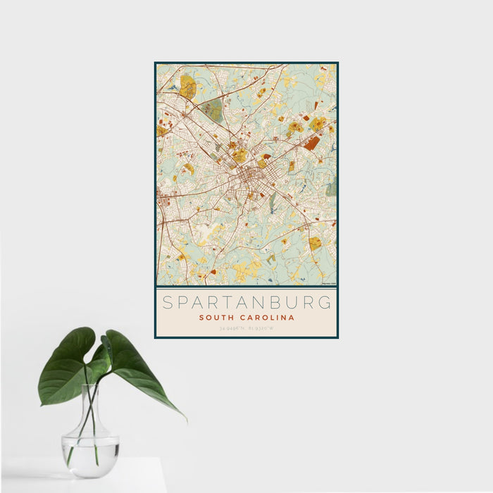 16x24 Spartanburg South Carolina Map Print Portrait Orientation in Woodblock Style With Tropical Plant Leaves in Water
