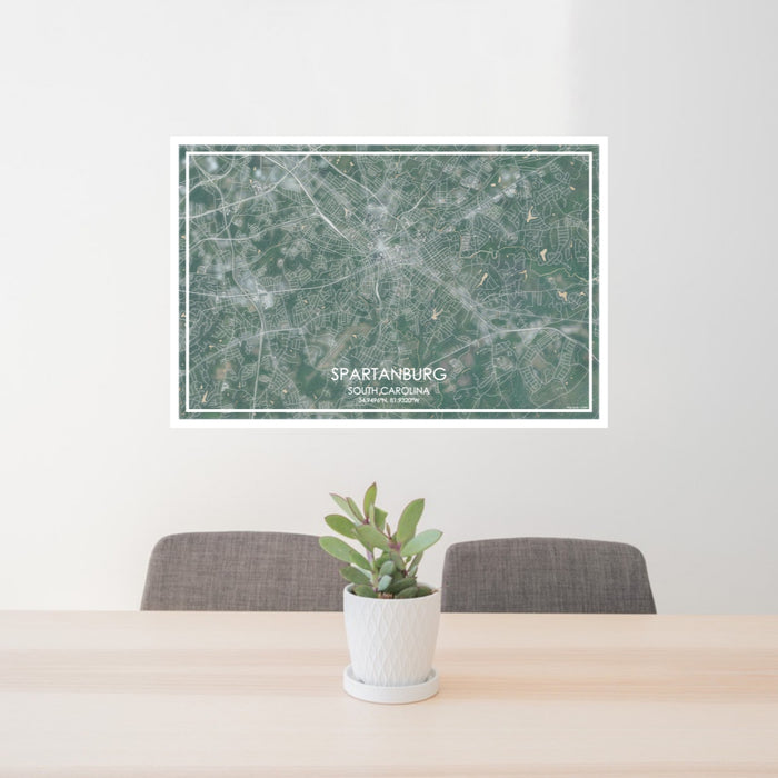 24x36 Spartanburg South Carolina Map Print Lanscape Orientation in Afternoon Style Behind 2 Chairs Table and Potted Plant