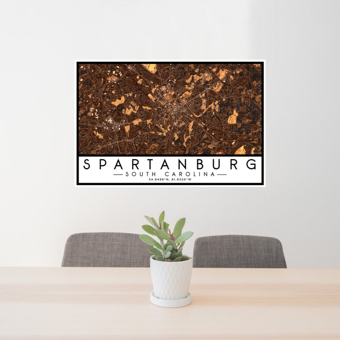 24x36 Spartanburg South Carolina Map Print Lanscape Orientation in Ember Style Behind 2 Chairs Table and Potted Plant