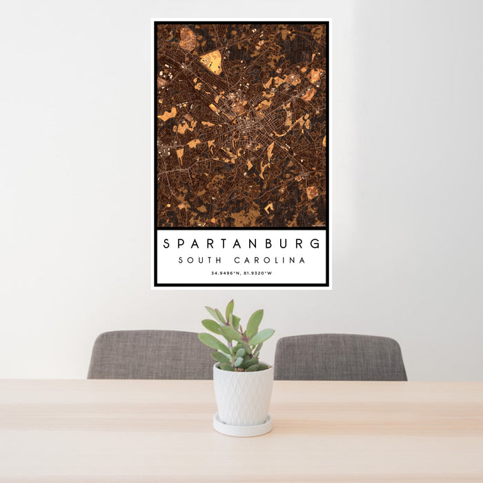 24x36 Spartanburg South Carolina Map Print Portrait Orientation in Ember Style Behind 2 Chairs Table and Potted Plant
