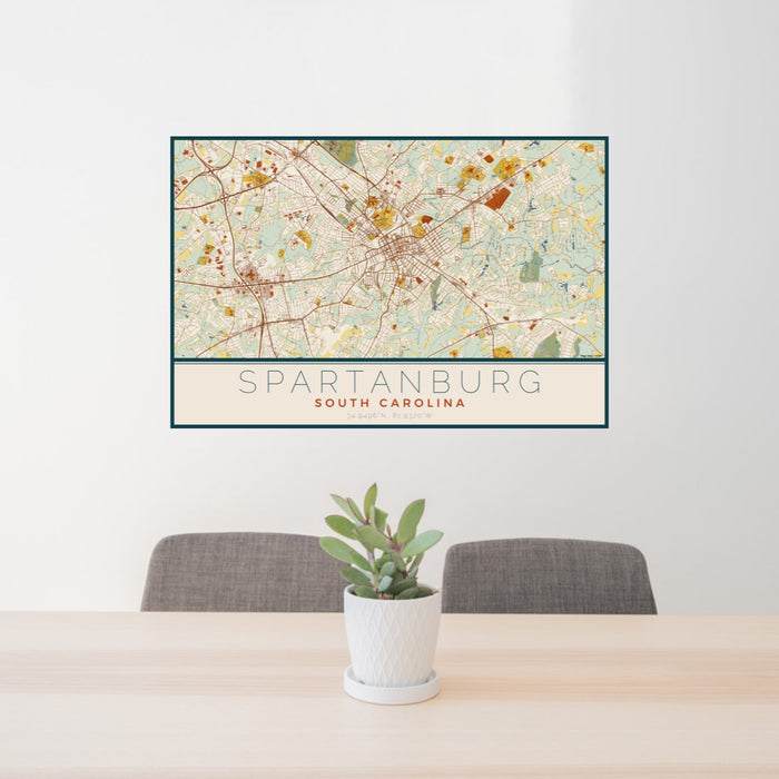 24x36 Spartanburg South Carolina Map Print Lanscape Orientation in Woodblock Style Behind 2 Chairs Table and Potted Plant