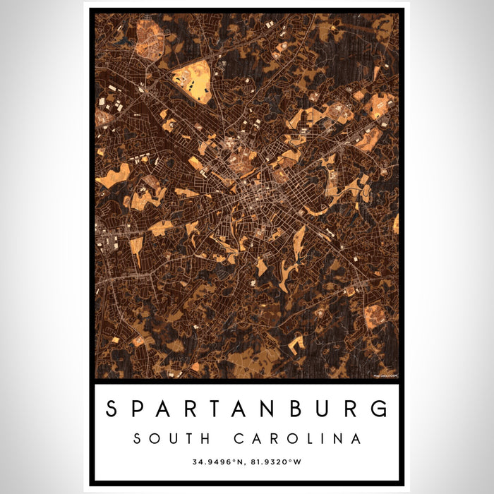 Spartanburg South Carolina Map Print Portrait Orientation in Ember Style With Shaded Background