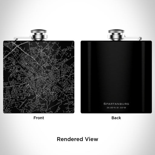 Rendered View of Spartanburg South Carolina Map Engraving on 6oz Stainless Steel Flask in Black