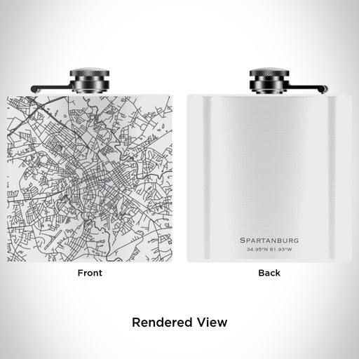 Rendered View of Spartanburg South Carolina Map Engraving on 6oz Stainless Steel Flask in White