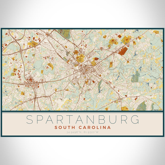 Spartanburg South Carolina Map Print Landscape Orientation in Woodblock Style With Shaded Background