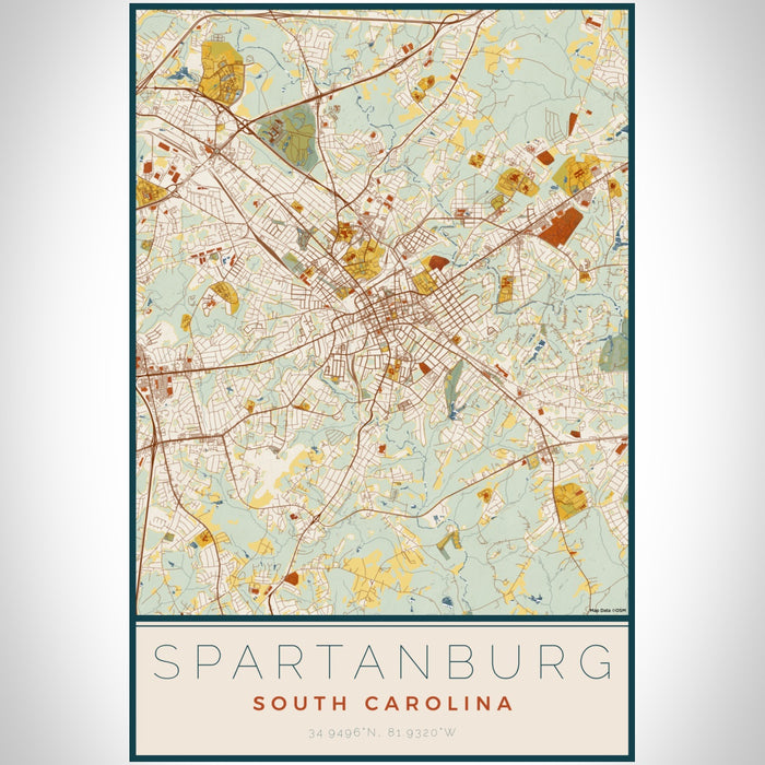 Spartanburg South Carolina Map Print Portrait Orientation in Woodblock Style With Shaded Background