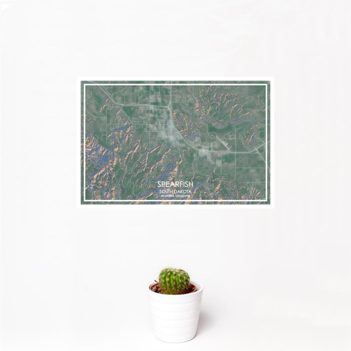 12x18 Spearfish South Dakota Map Print Landscape Orientation in Afternoon Style With Small Cactus Plant in White Planter