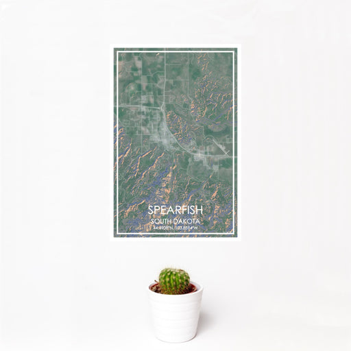 12x18 Spearfish South Dakota Map Print Portrait Orientation in Afternoon Style With Small Cactus Plant in White Planter