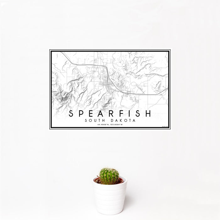 12x18 Spearfish South Dakota Map Print Landscape Orientation in Classic Style With Small Cactus Plant in White Planter