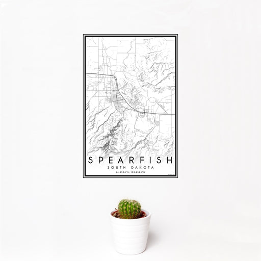 12x18 Spearfish South Dakota Map Print Portrait Orientation in Classic Style With Small Cactus Plant in White Planter