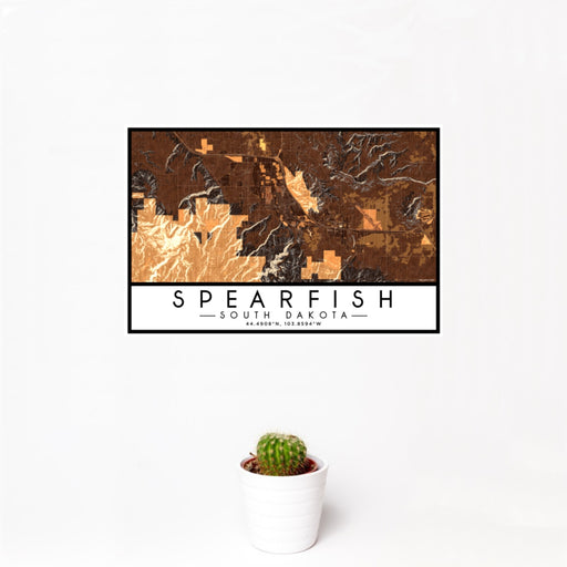 12x18 Spearfish South Dakota Map Print Landscape Orientation in Ember Style With Small Cactus Plant in White Planter