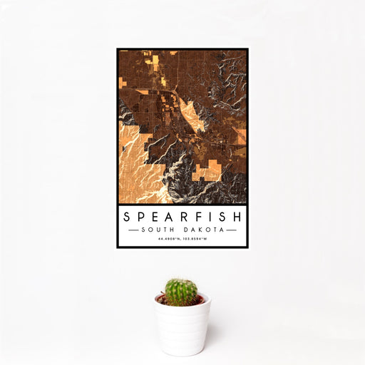 12x18 Spearfish South Dakota Map Print Portrait Orientation in Ember Style With Small Cactus Plant in White Planter