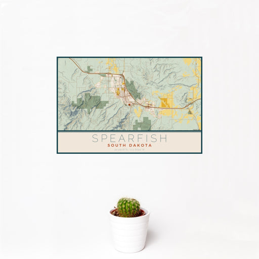 12x18 Spearfish South Dakota Map Print Landscape Orientation in Woodblock Style With Small Cactus Plant in White Planter